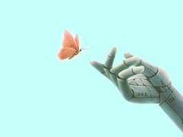 Surreal art of robot with butterfly, freedom and hope concept idea, conceptual illustration