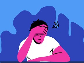 Frustration, depression, addiction, mental stress concept. Depressed frustrated man or guy cartoon character sitting on antidepressants pills. Loneliness emotional problems and bad news illustration.