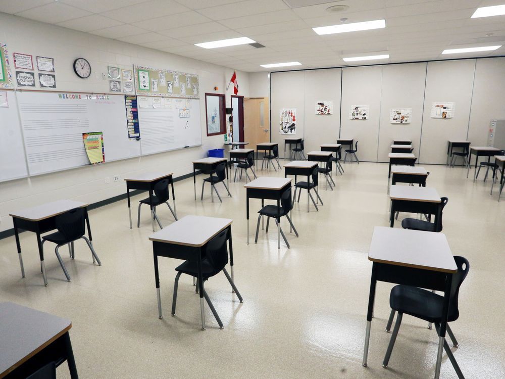 desks positioned for physical distancing are seen inside a st. marguerite school classroom in new brighton on tuesday, august 25, 2020.