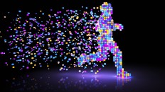 Man figure consisting of glowing pixels runs through darkness