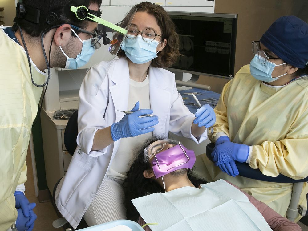 Dentist Sofia Kholmogorova, centre, looks over work done by McGill University student Fares Yaziji, left, and assistant Daniela Brizuela de Alas at the Welcome Hall Mission - Jim Lund Dental Clinic on Thursday, May 12, 2022.