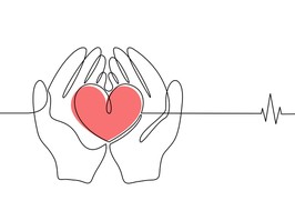 Human hands hold a heart in line art