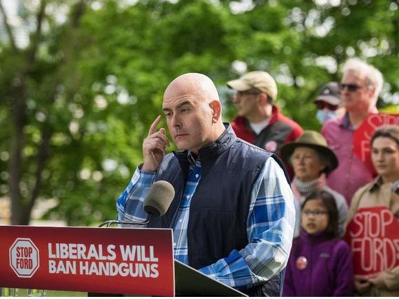 ontario liberal leader steven del duca speaks to the media during a campaign stop at norris crescent parkette in toronto, saturday, may 28, 2022.