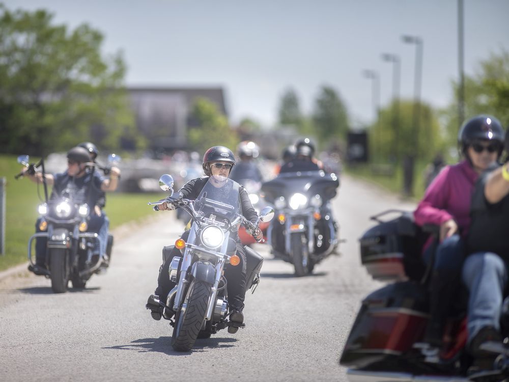 amherstburg, ontario:. may 29, 2022 - participants in the ride for dad leave wolfhead distillery and restaurant as they make their way through essex county, on sunday, may 29, 2022. the annual motorcycle fundraiser raises money to fight prostate cancer.