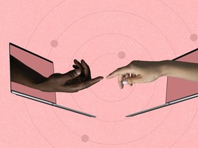 Contemporary art collage of two hands sticking out laptop screen reaching out towards each other isolated over pink background