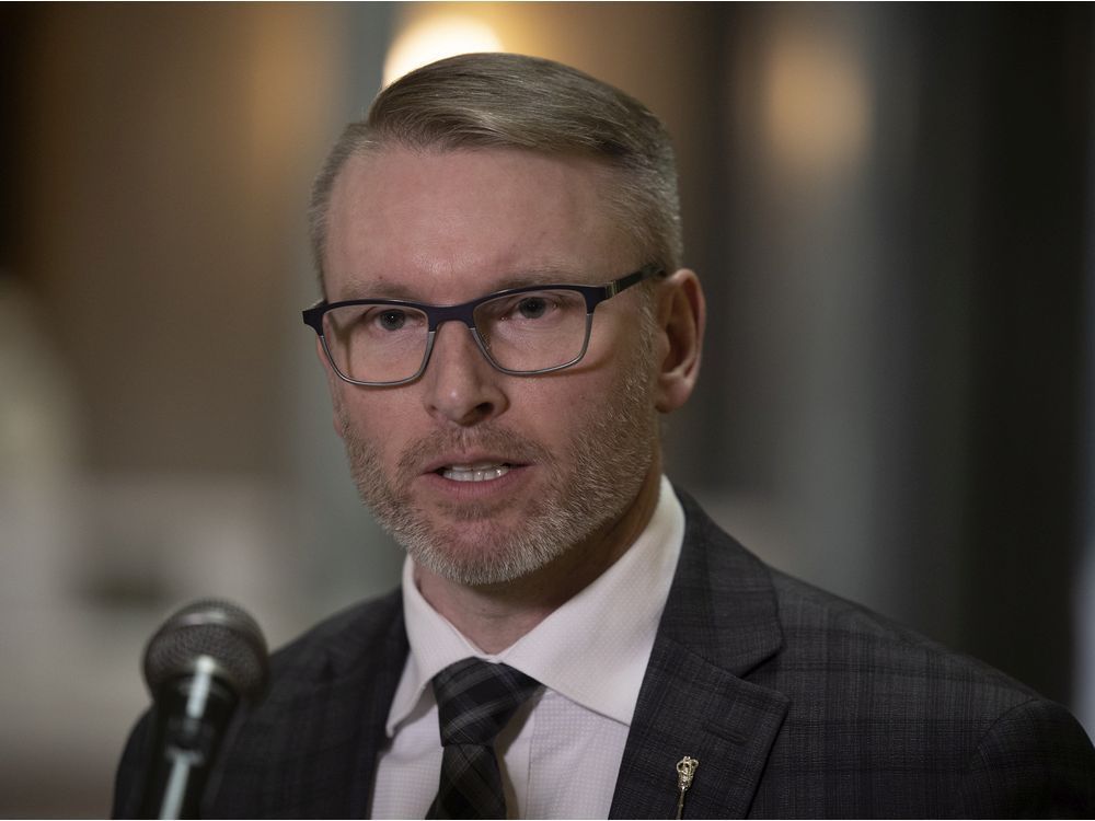 everett hindley, minister of mental health and addictions, seniors and rural and remote health, speaks to the press after session at the saskatchewan legislative building on wednesday, march 9,