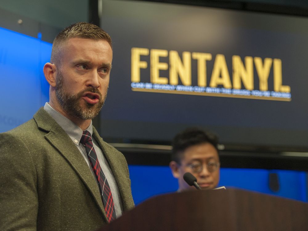 Dr. Mark Lysyshyn at a Vancouver Police news conference to raise awareness of fentanyl in the drug supply in 2015.