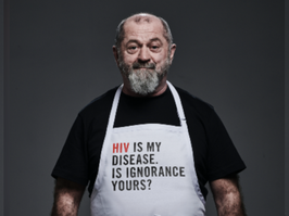 chef allan smash hiv stigma, wearing apron "why is my disease is ignorance yours?"