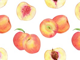 Watercolor hand drawn seamless pattern with peach fruit with leaf isolated on white background.