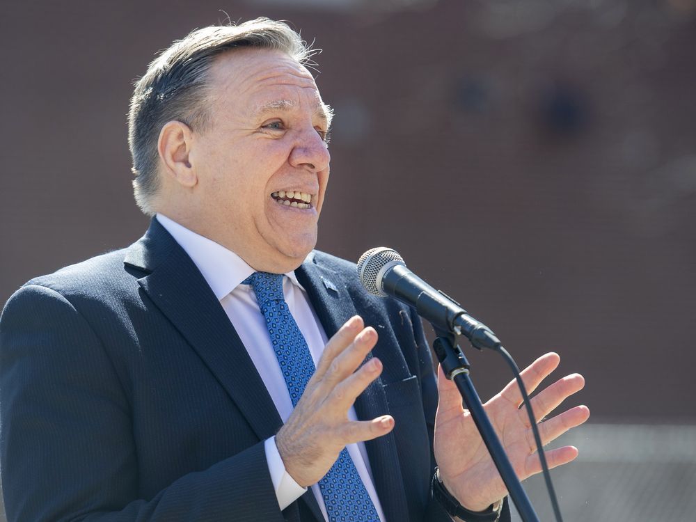 quebec premier francois legault speaks in montreal april 11, 2022.