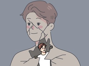 Anxious man feel nervous showing or releasing himself to world. Unhappy scared guy suffer from mental psychological problems. Psychotherapy and counseling. Vector illustration.