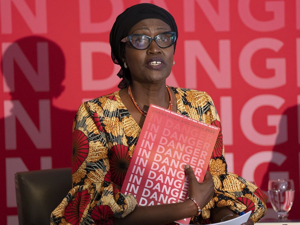 winnie byanyima, executive director of unaids, releases the 2022 update on the global aids situation at a news conference wednesday, july 27, 2022 in montreal. the world aids conference begins here this weekend.