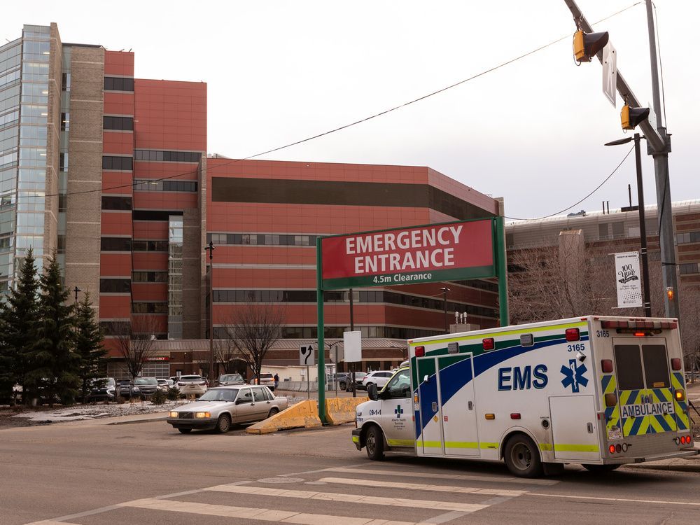 an alberta health services ems ambulance is seen near the university of alberta hospital.