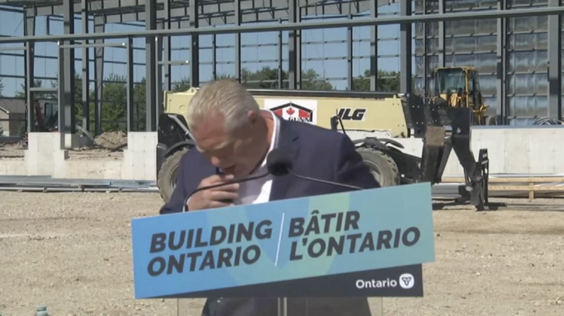 DUNDALK - Aug, 12, 2022 - Premier of Ontario Doug Ford reacts after swallowing a bee during a press conference. Premier of Ontario YouTube