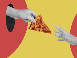 Hand giving slice of cheese pizza, and reaching hand, on red and yellow background