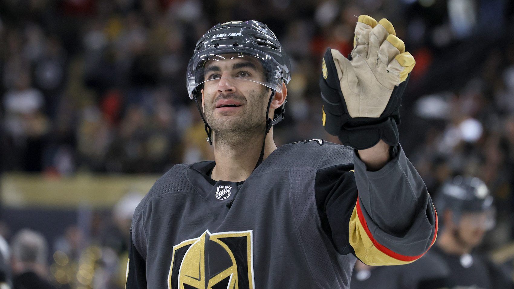 Max Pacioretty, previously of the Vegas Golden Knights waves as he celebrates the team's 6-2 victory over the Minnesota Wild. (Photo by Ethan Miller/Getty Images) ORG XMIT: 775655063