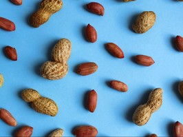 Texture of peanuts in shell and without lie on a blue background.