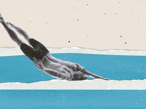 Contemporary art collage. Sportive young man diving into torn paper water isolated over pastel background with dust effect