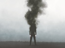 Illustration of man vanishing in a dark black smoke, air pollution and lung cancer