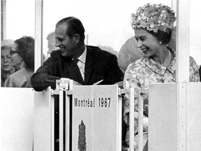 At the Expo site on July 1, 1967, Queen Elizabeth and Prince Philip ride the minirail.