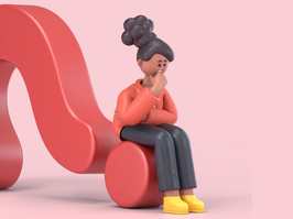 3D illustration of smiling african american woman Coco looks for an idea lying on a red question mark,3D rendering on Pink background.