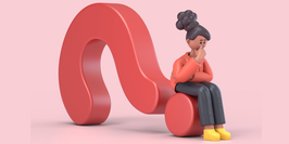 3d illustration of smiling african american woman coco looks for an idea lying on a red question mark,3d rendering on pink background.
