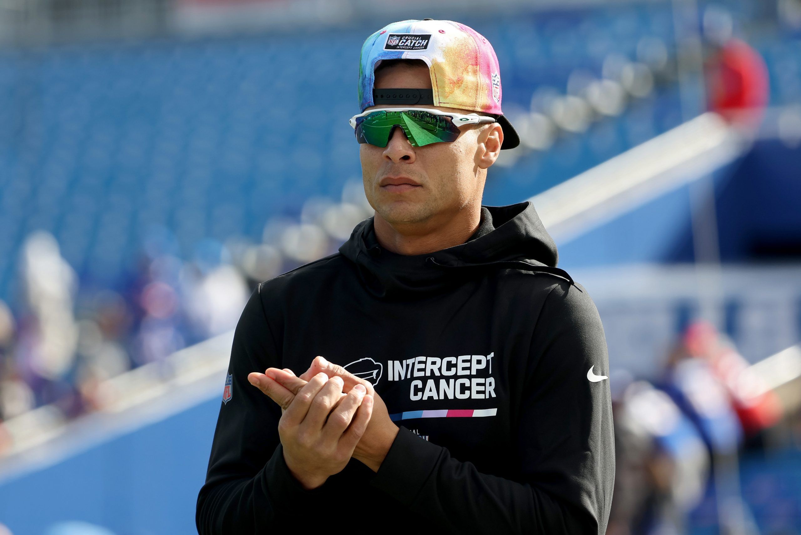 Buffalo Bills safety Jordan Poyer #21 looks on before a game against the Pittsburgh Steelers at Highmark Stadium on October 09, 2022 in Orchard Park, New York. (Photo by Timothy T Ludwig/Getty Images)