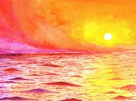 Sunset at the ocean in watercolor.