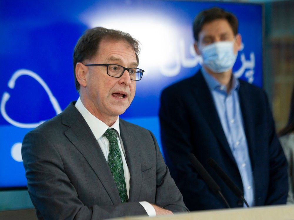 b.c. health minister adrian dix and premier david eby make announcement about doctor recruitment at richmond hospital sunday.