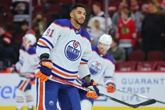 Evander Kane #91 of the Edmonton Oilers looks on prior to the game against the Chicago Blackhawks at United Center on October 27, 2022 in Chicago, Illinois.