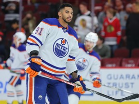 Evander Kane #91 of the Edmonton Oilers looks on prior to the game against the Chicago Blackhawks at United Center on October 27, 2022 in Chicago, Illinois.