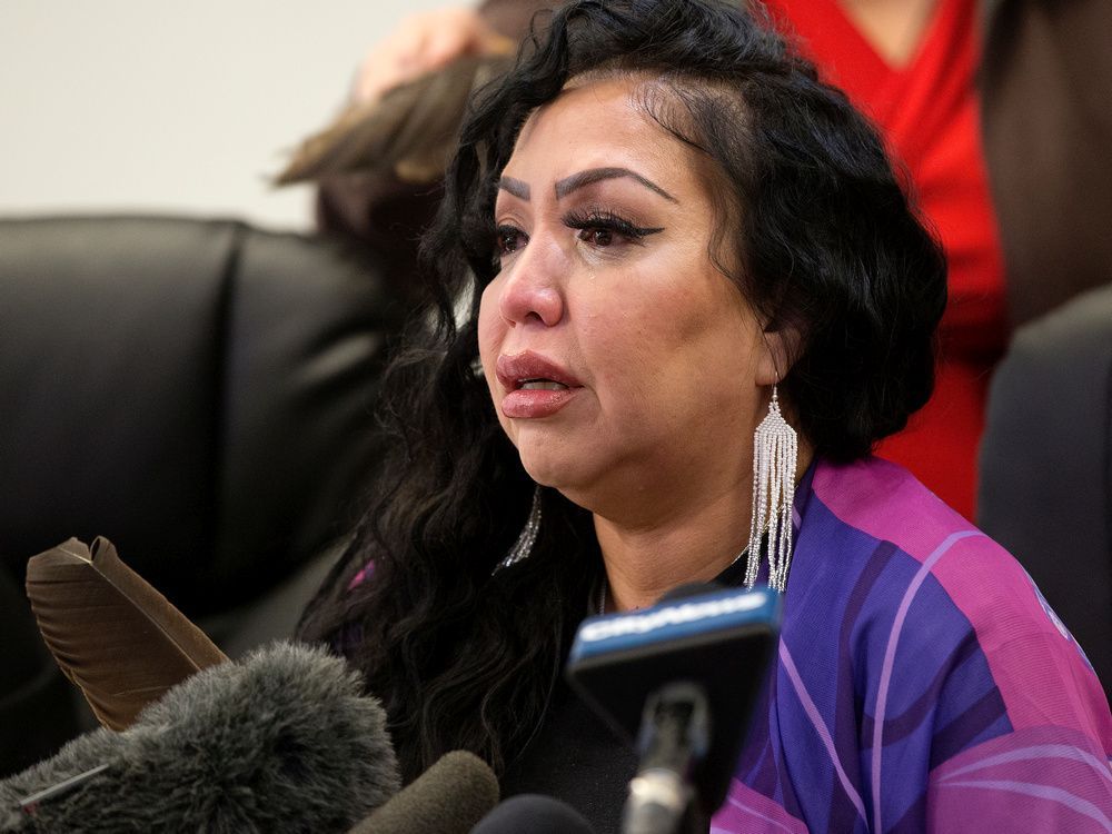 tears stream down the face of pearl gambler, bigstone cree first nation member, as she speaks to the media on thursday nov. 3, 2022, about the mistreatment she received at edmonton's misericordia community hospital when delivering her daughter, sakihitowin azaya gambler, who died shortly after birth.