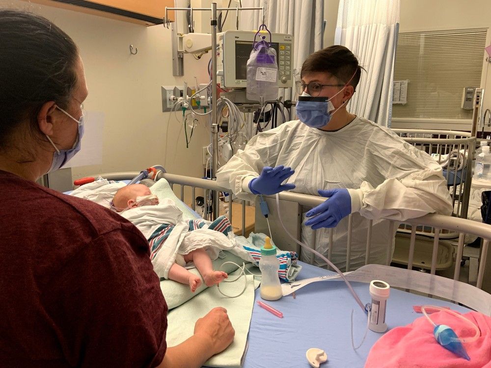 respiratory therapist jill kimber talks to priscilla cloutier about treatment for cloutier's 11-week-old daughter, hailey o'grady. hailey and her twin brother, hunter, are both at cheo with rsv.