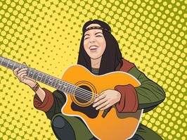 retro hippy woman playing guitar