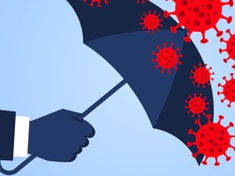 Hand holding an umbrella against the 2019 novel coronavirus pneumonia, global plague virus - stock illustration