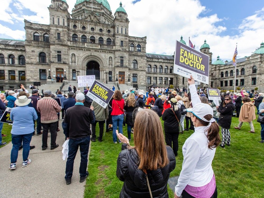 demonstrators outside b.c. legislature call for government to provide more family physicians.