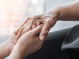 Parkinson disease patient, Alzheimer elderly senior, Arthritis person hand in support of nursing family caregiver care for disability awareness day, National care givers month, ageing society concept