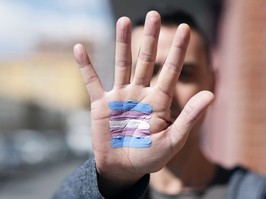 transgender flag in the palm of the hand