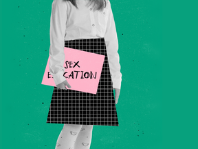 Teen girl holding "sex education" sign. Is social media a good resource for sexual education?