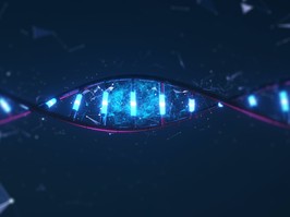 DNA model on a dark background. Massachusetts General Hospital may have made a gene discovery that could have major implications for genetics.