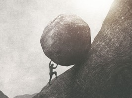 strong man pushing big rock uphill, surreal concept