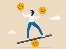 woman balancing happy, sad and mad emoji faces