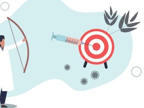 cartoon of doctor shooting needle at a bullseye