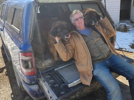 A man who was diagnosed with small intestine, small bowel cancer leans back in his truck pretting two dogs.