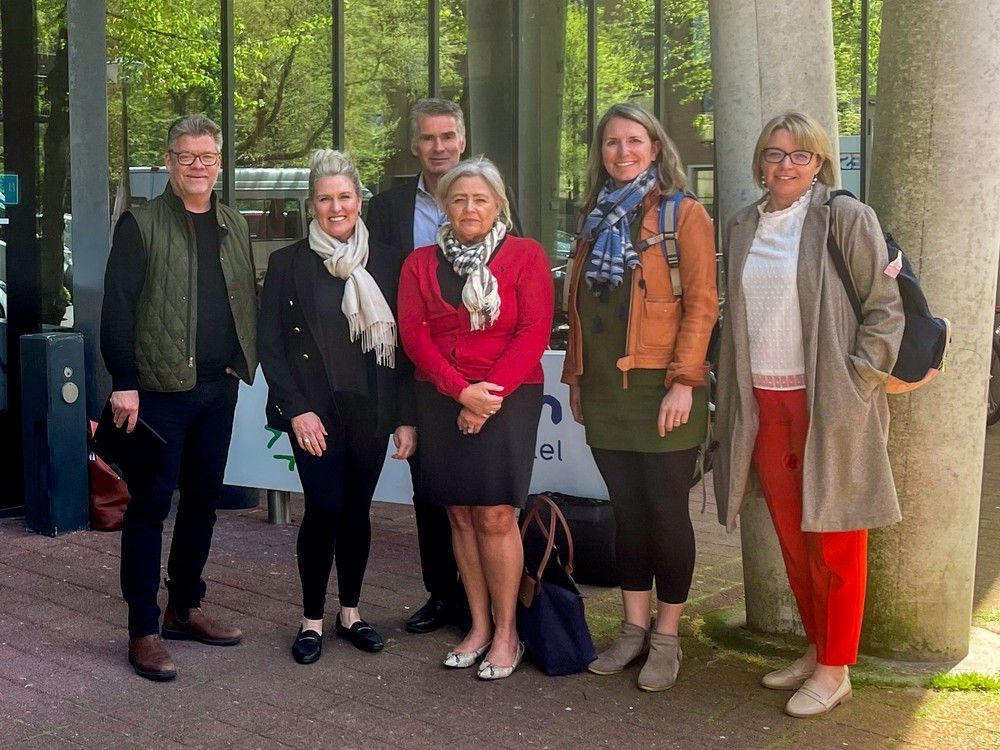 left to right, bill mitchell, margot schulman, eloy van hall, jennifer mccue, carolyne mondoux and karyn golem, during zeidler architecture's visit to the hogeweyck dementia village in the netherlands.