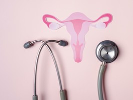 a cartoon image of a uterus without presence of endometriosis, surrounded by a stethescope