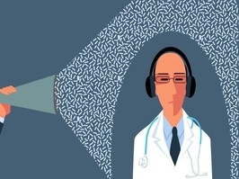 cartoon of man talking to doctor with headphones