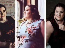 Three side-by-side portraits of a young woman posing.