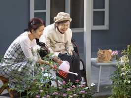 Elderly woman gardening in frontyard with daughter and cat.