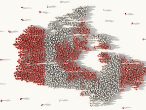 Large group of people forming Canada map and national flag in social media and communication concept on white background. 3d sign symbol of crowd illustration from above gathered together